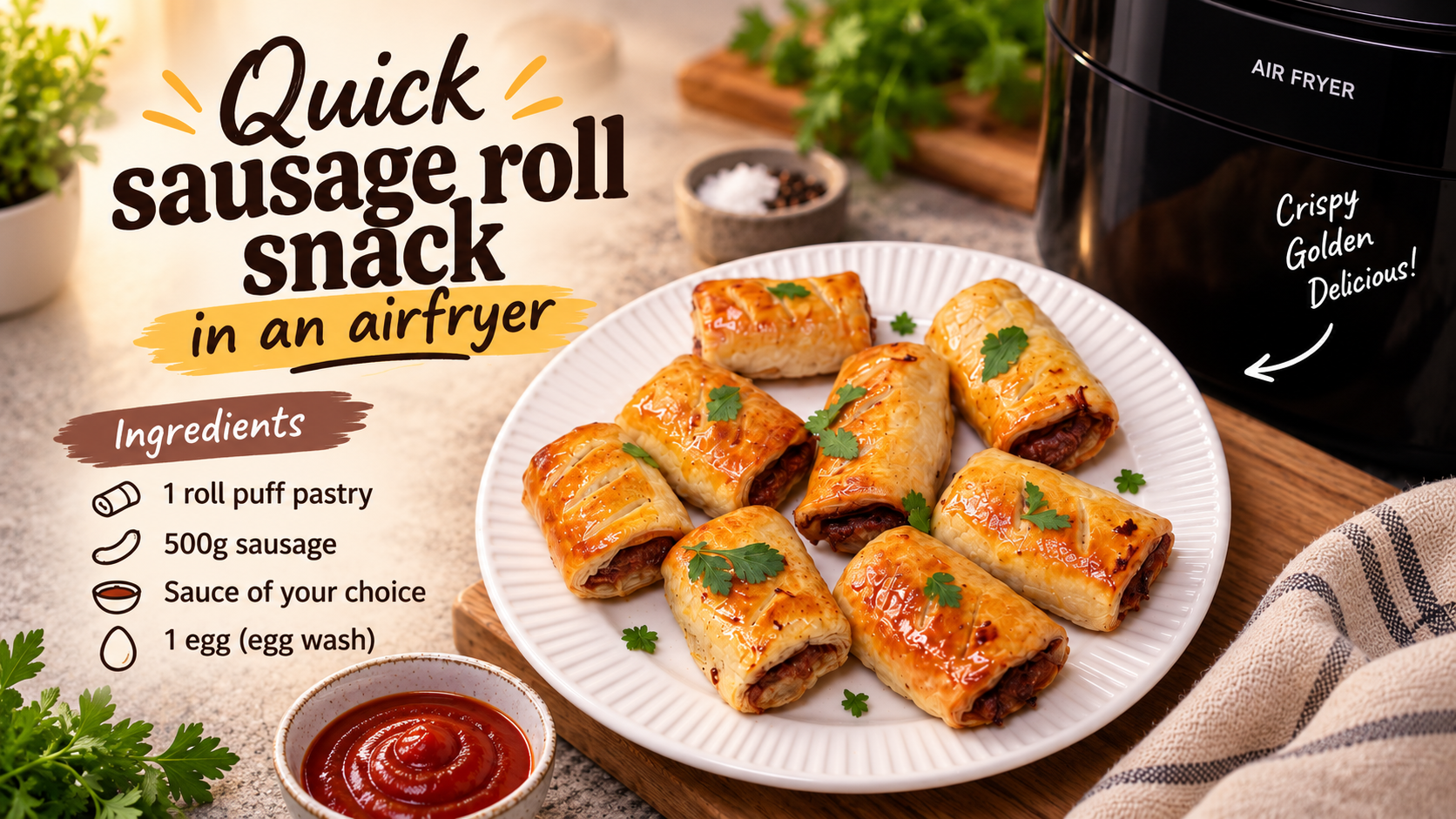 Quick Sausage Roll snack In an Airfryer recipe artwork