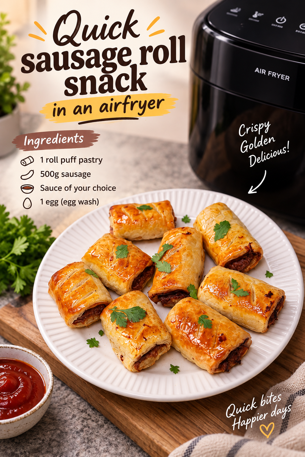 Quick Sausage Roll snack In an Airfryer recipe poster