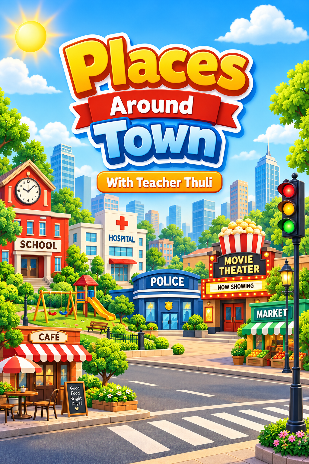 Places Around Town Vocabulary + Prepositions poster